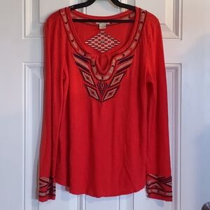 Lucky Brand M Embroidered Orange Boho long sleeve